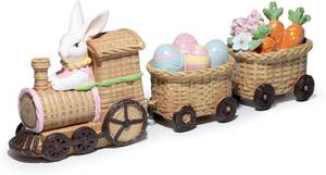 lot 5052 image: Hodao Easter Bunny Train Figurine, Woven Look Spring Table Decor with Eggs and Carrots, Bamboo-Style Easter Decoration for Home, Mantel, Shelf & Farmhouse Spring Display (Brown-3)