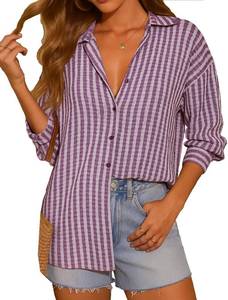 lot 5193 image: NUOREEL Womens Flannel Plaid Shirt, Boyfriend Fit Long Sleeve Button Down Casual Blouse with Pocket,Size 2XL