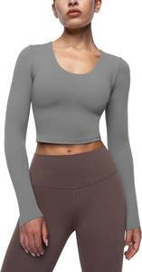 lot 5145 image: ENERBLOOM Womens Long Sleeve Shirts Workout Crop Tops Yoga Tee Built in Bra Mild Support Cream Feeling Athletic Top U-Neck Size Large