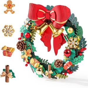 lot 5149 image: Rolife 3D Puzzles for Adults Christmas Wreaths for Front Door, Artificial Eucalyptus Wreath for All Seasons, Indoor and Outdoor Wreath with Red Bow&Golden Bell, LED for Christmas Decor (16in, 252pcs)
