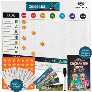 lot 5151 image: Magnetic Dry Erase Chore Chart for Kids with 34 Chore & Title Magnets, 49 Star Incentive Magnets, Storybook - Reward, Behavior, and Responsibility Chart for Toddler and Kids at Home