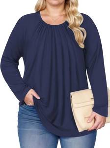 lot 5154 image: DOLNINE Plus-Size-Tops for Women Casual Crewneck Shirts Basic Long Sleeve Tee Tunics Trendy Pleated Blouses, Color Grayish Green, 3XL