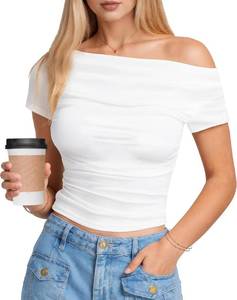 lot 5167 image: Womens Off Shoulder Short Sleeve T-Shirt Double Lined Front Casual Slim Fit Tops Y2K Going Out Crop Tops Size Small