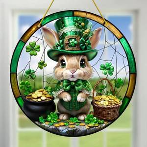 lot 5216 image: Saint Patricks Day Suncatcher Round Hanging with Bunny Shamrock Gold Coin Designs Stained Glass Suncatchers Full Cover Window Decor Ireland Ornament Indoor Outdoor for Home Garden Gift for Women