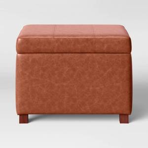 lot 1024 image: Essex Single Storage Ottoman Caramel Faux Leather - Threshold Upholstered Rectangular Bench with Lid - Retail $90