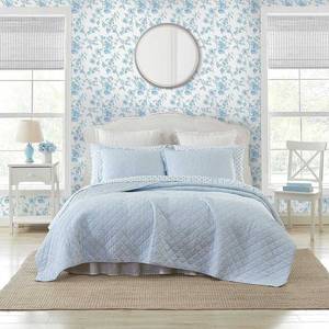 lot 1055 image: Laura Ashley King Oxford Striped Quilt Set Blue Includes 2 Shams, Year-Round Comfort - Retail $220