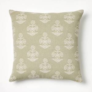 lot 1057 image: Woven Block Print Square Throw Pillow Light SageCream - Threshold designed with Studio McGee Cotton Jacquard, Indoor Use, Zippered - Retail $25