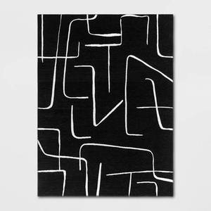 lot 9940 image: 710x10 Abstract Lines Outdoor Area Rug Black - Threshold SHIPPING DIRT PRESENT  - Retail $180