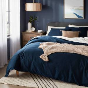 lot 9951 image: FullQueen Washed Cotton Sateen Duvet Cover and Sham Set Dark Navy - Threshold 250 Thread Count - Retail $59