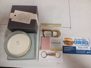lot 1004 image: Silver Sage Leaf Soy Blend Candle, Antimicrobial Copper Alloy Goldkey, and Coupon - Retail $40