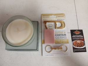 lot 1008 image: Silver Sage Leaf Soy Blend Candle, Antimicrobial Copper Alloy Goldkey, and Coupon - Retail $45