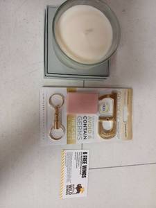 lot 1011 image: Silver Sage Leaf Soy Blend Candle, Antimicrobial Copper Alloy Goldkey, and Coupon - Retail $45
