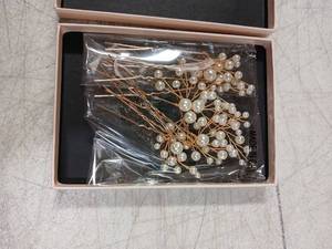 lot 41971 image: Pearl Beaded Hair Pins Set with Gold Wire - Retail $15
