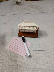 lot 42029 image: Wooden Perpetual Desktop Calendar with Pink Note Cards and Pen - Retail $15