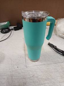 lot 42035 image: Turquoise Stainless Steel Travel Mug with Handle - Retail $15