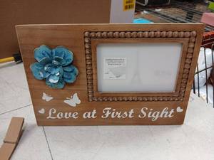 lot 42057 image: Love at First Sight Wooden Picture Frame with Blue Flower Decoration - Retail $15