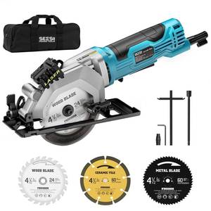 lot 16998 image: Seesii Mini Circular Saw with Laser Guide,4.8A 4000 RPM Compact Corded Circular Saw with Rip Guide,3 Blades (4-12) for Wood,Soft Metal,Tile,Plastic Cutting,Max Cut Depth 1-1116(90°),1-18 (45°) - Retail $70