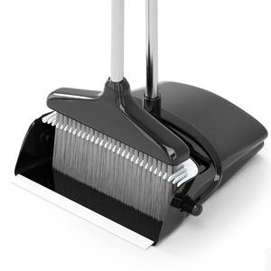 lot 21989 image: Broom with Dustpan Combo Set 54 Long Handle Household Dust Pan for Home Office Kitchen Cleaning Black & Grey - Retail $16