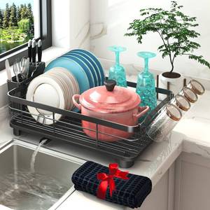 lot 22725 image: Godboat Dish Drying Rack, Dish Rack with Auto-Drain & Mat, Dish Drainers for Kitchen Counter, Glass Organizer for 4 Cups, 3 Slots Utensil Holder, Gifts for Women Mothers Day, Kitchen Gadgets & Decor - Retail $36