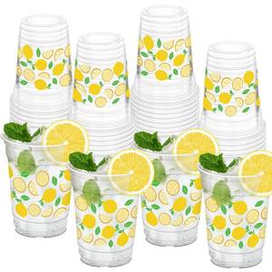 lot 29697 image: HYMENEX 50Pcs Lemon Cups, 12oz Lemon Clear Plastic Cups for Yellow Fruit Themed Party Decorations Baby Shower Birthday Summer Lemonade Party Supplies - Retail $18