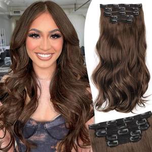 lot 29699 image: Isaic Clip in Synthetic Hair Extensions Layered Long Wavy 5PCS Thick Hairpieces Balayage Chocolate Brown to Caramel Blonde Synthetic Double Weft Natural Hair Extensions 16 Inch for Women