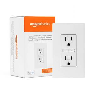 lot 29710 image: Amazon Basics Smart In-Wall Outlet, Works with Alexa Only, Individually Controlled Outlets, Voice Control, WiFi, 15 Amps, 2.4 GHz, No Hub Required, White - Retail $20