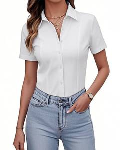lot 29719 image: siliteelon Womens Button Down Shirts Slim fit Short Sleeve Stretch Dress Shirts Wrinkle-Free Solid Work Blouse XL White - Retail $24