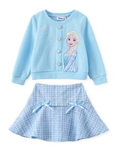lot 29733 image: Disney Frozen Elsa Toddler Girl 2 Piece Outfit Blue Long Sleeve Snowflake Print Pearl Button Knit Top & Tweed Skirt Set Birthday Elegant Dress 4-5T - Retail $37