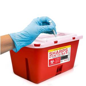 lot 29745 image: Sharps Container Large - Sharps Containers for Home Use and Labs - Portable Needle Disposal and Travel Size Biohazard Bin - 1 Gallon (Pack of 1) - Retail $22
