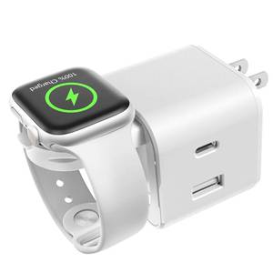 lot 29752 image: BeaSaf 36W for Apple Charging Block with Built-in Watch Charger, Foldable PD Fast Charger Block for iPhone, Dual Ports Wall Charger Compatible with Apple Watch iPhone AirPods (White) - Retail $32