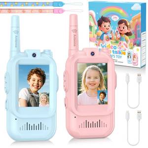 lot 31519 image: Video Walkie Talkie for Kids - 2 Pack Rechargeable Kids Walkie Talkies Long Range Radios, Video Intercom & Voice Effects, Christmas Birthday Gifts, Toys for Age 3-12 Boys Girls, Indoor Outdoor Travel - Retail $28