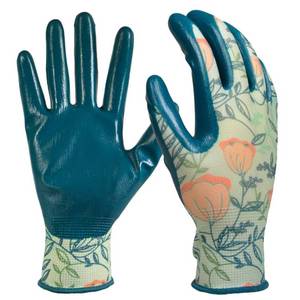 lot 31568 image: Digz Stretch Knit Garden Gloves with Nitrile Coating  Latex-Free Rubber Gardening Gloves  Color Coral Floral  Size Small - Retail $21