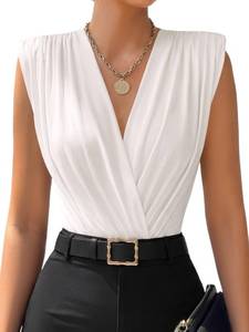 lot 31570 image: LYANER Womens Wraped V Neck Ruched Sleeveless Tank Leotard Bodysuit Tops White Large - Retail $32