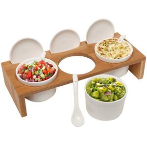 lot 44291 image: MyGift 10 Pcs Sauce Serving Dish, Hosting Party Essentials Host Gift, 3 Ceramic Ramekin Chip Dip Bowls with Lids & Spoons, Premium Bamboo Server Tray, Condiment Pot Entertaining - Retail $30