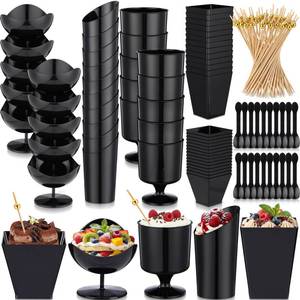 lot 44292 image: Acellegic 150 Pcs Plastic Dessert Cups with Spoons and Toothpicks, 2 to 5 oz 5 Styles Mini Appetizer Cups Disposable for Serving Fruit Trifle Mousse Ice Cream Pudding Weddings Party (Black, Basic) - Retail $25
