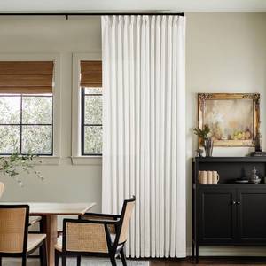 lot 44299 image: Thick Linen Semi Sheer Curtains 90 Inches Long for Living Room Bedroom Light Filtering Beige Off White Textured Burlap Pinch Pleated Curtains 90 Length Hooks Rings Back Tab for Sliding Door 2 Panels - Retail $51