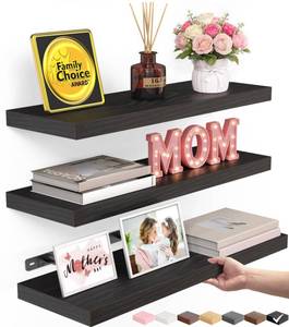 lot 44316 image: BAYKA Floating Shelves for Wall, Wall Mounted Rustic Wood Shelves for Bathroom, Bedroom, Living Room, Kitchen, Hanging Shelf for BooksStorageRoom Decor with 22lbs Capacity (Black, Set of 3, 15.7in) - Retail $50