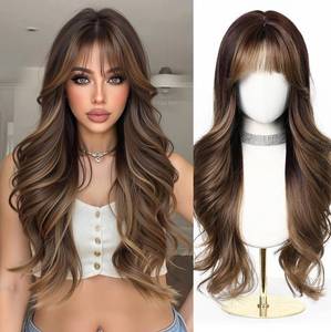 lot 44324 image: Esmee Long Wavy Brown Wigs for Women with Fringe Natural Synthetic Hair Wig for Daily & Party Use - Retail $24