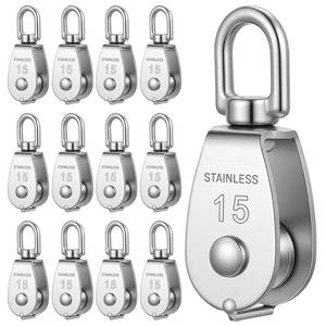 lot 44332 image: 12 Pack M15 Pulleys for Rope, 304 Stainless Steel Wire Rope Cable Pulley, Heavy Duty Swivel Pulley Wheel Hanging Wire Towing Wheel for Lifting - Retail $19