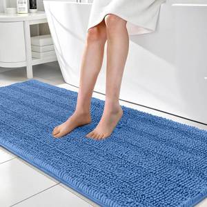 lot 44333 image: OLANLY Thick Bathroom Runner Rugs 70x24, Absorbent Chenille Striped Bath Rugs, Rubber Backing, Machine Wash, Extra Long Bath Mats for Bathroom, Tub and Shower, Home Decor Accessories, Cornflower Blue - Retail $59