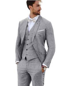 lot 44335 image: Linen Suits for Men 3-Piece Casual Summer Beach Wedding Suits Retro Slim Fit Tuxedo Groom Tux Blazer Vest & Pants Gray-XL - Retail $48