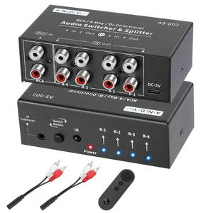 lot 44339 image: AtNeDcVh RCA 4-Way Bi-Directional Audio Switcher Splitter, 1 in 4 Out  4 in 1 Out Stereo LR Sound Channel Audio Switch Selector Splitter Box with Remote Control for Speakers Headphones Amps (Black) - Retail $40