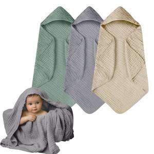 lot 44343 image: Muslin Hooded Baby Towels, 3 Pack Cotton Baby Bath Towels with Hood for Newborn, Babies, Infant, Toddler, Soft and Absorbent Baby Shower Towel Newborn Essential (35 X 35 Inch) (Green  Grey  Apricot) - Retail $23