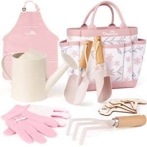 lot 44344 image: Dreamon Gardening Set Toys for Kids, Quality Garden Tool Kit Includes Tote Bag, Apron, Gloves, Shovel, Rake, Cultivator, Watering Can, STEM Learning Outdoor Gifts for Kids Toddlers (Pink) - Retail $25