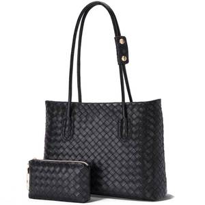 lot 44350 image: Toptime Woven Tote Bags for Women, Vegan Leather Shoulder Bag with Zipper and Matching Pouch, Large Capacity Womens Handbag Velvet Lining Design Weekender Bag for Work Travel Shopping (Black) - Retail $34