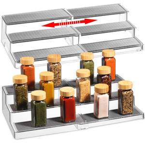 lot 44356 image: Oizeir Expandable Spice Rack Organizer for Cabinet (2 Pack), 3-Tier Clear Tiered Shelf, Non-Slip Adjustable Spice Cabinet Organizer for Kitchen Pantry, Medicine, Seasoning & Bottle Storage - Retail $19