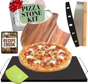 lot 62636 image: Easy Clean, Non Stick Ceramic Pizza Stone - Pizza Stones for Grill with Handles, Pizza Peel, Pizza Cutter, Dough Tool - Bread Baking Stone - 15 inch Ceramic Pizza Pan - Pizza Oven Accessories Kit 2 small chips  see photos.  - Retail $52