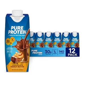 lot 62642 image: Pure Protein Complete Protein Shake, Chocolate Peanut Butter, 30g High Protein Drink, Less than 1g Sugar, 3g Fiber, Ready to Drink, Non GMO, On-the-Go Shakes, 11oz Bottles, 12 Pack - Retail $29
