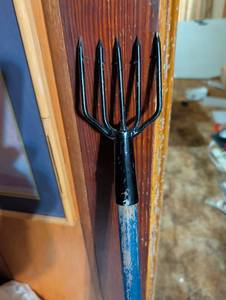 lot 113 image: Mini 5-Prong Pitchfork with Blue Wooden Handle