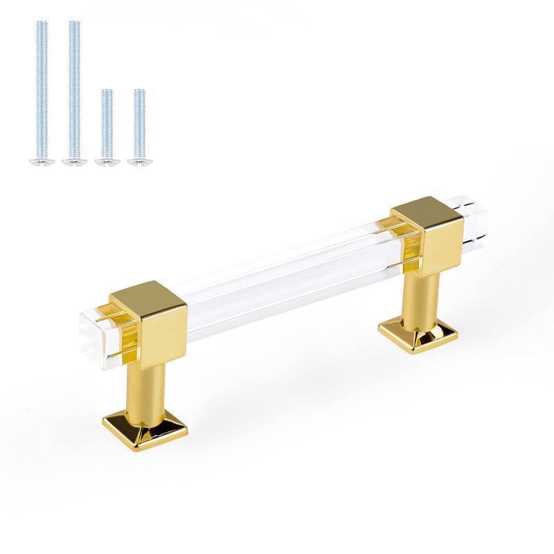 lot 2051 image: 6 Pack Cabinet Handles for Kitchen Cabinets and Bedroom Cupboards, 3-12 Inch Hole Center Cabinet Pulls Square Tube Clear Acrylic Drawer Pulls with Gold Finish Base Retail $18.13